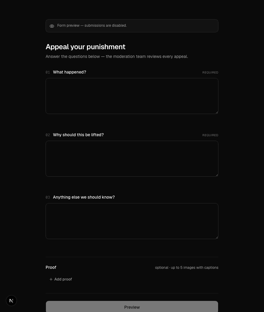 The public appeal portal showing a form with numbered questions and a proof upload section