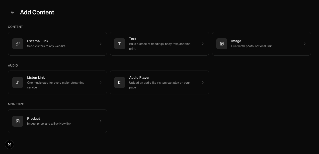 The Lynx Add Content screen with content types grouped across the workspace